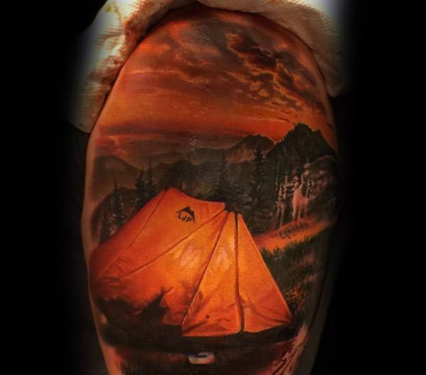Mens 3d Realistic Arm Tattoo With Tent Design