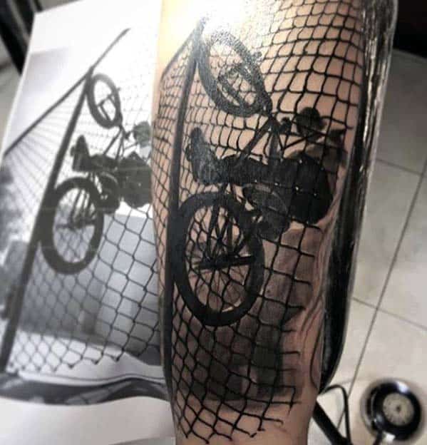 Mens 3d Realistic Bicycle Trick Fence Tattoo On Arm