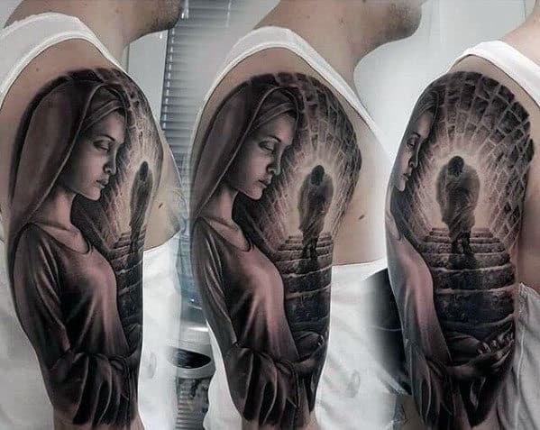 Mens 3d Realistic Jesus Walking Up Stairs Half Sleeve Tattoos