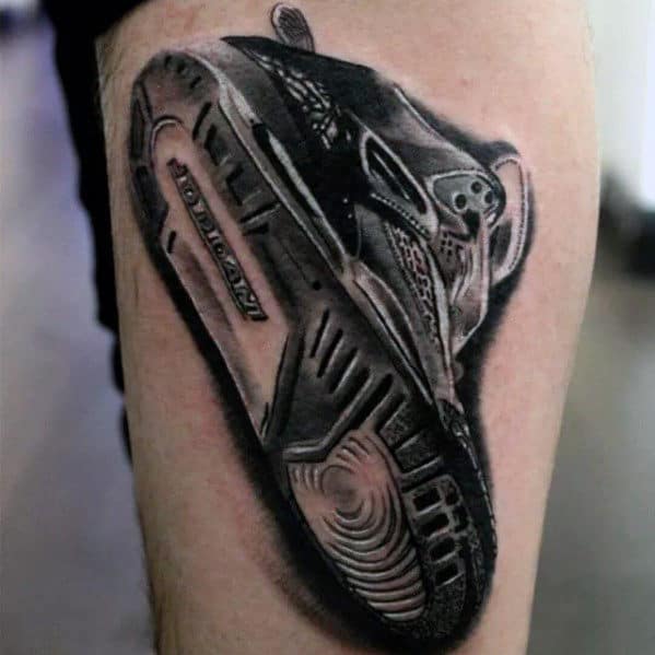 Mens 3d Realistic Nike Sneaker Tattoo Design On Legs