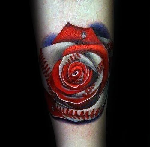 Mens 3d Realistic Rose Flower Boston Red Sox Baseball Tattoo Design Inspiration