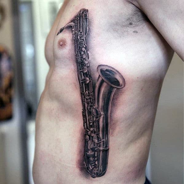 Mens 3d Realistic Saxophone Rib Cage Side Tattoos