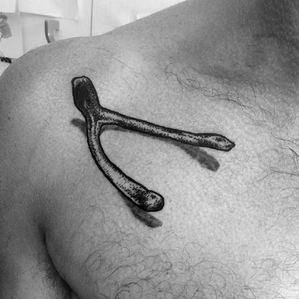 Mens 3d Realistic Wishbone Tattoo Design Inspiration On Upper Shoulder Of Chest