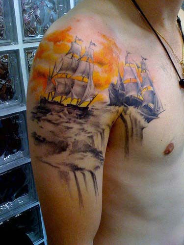 Mens 3d Sailing Ships Sky Tattoo With Ocean Water On Upper Arms