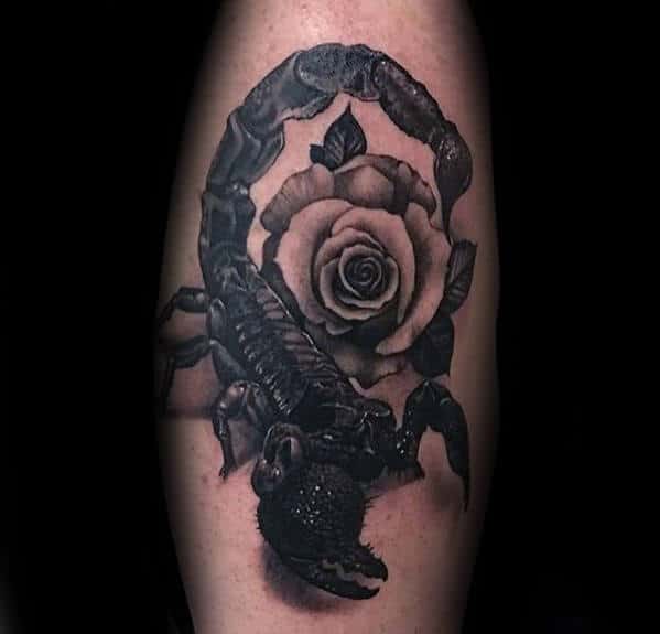Mens 3d Scorpion With Rose Flower Leg Tattoo