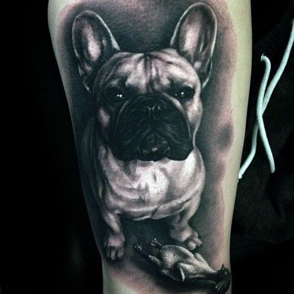 Mens 3d Shaded Bulldog Portrait Leg Tattoo