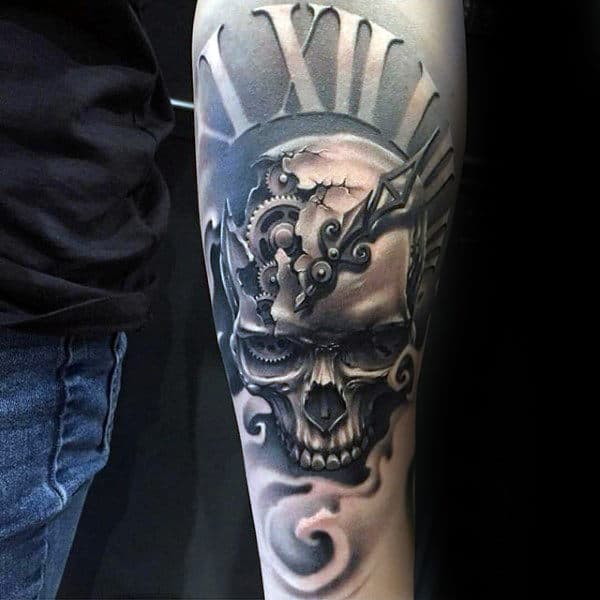 Mens 3d Skull Clock Inner Forearm Tattoos