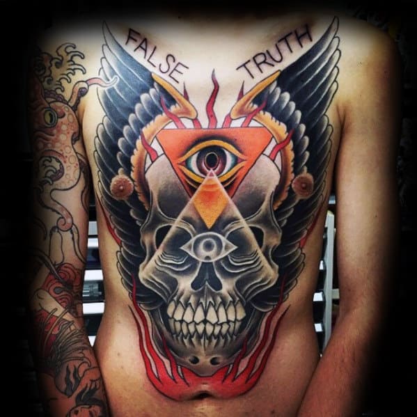 Mens 3d Skull Traditional Eye Of Providence Chest Tattoo