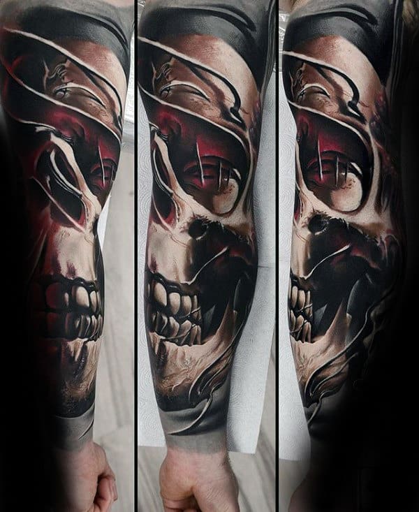 Mens 3d Skull Unique Sleeve Tattoo