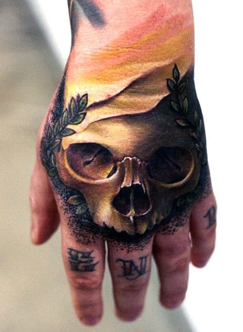 Mens 3d Skull With Olive Branches Hand Tattoo