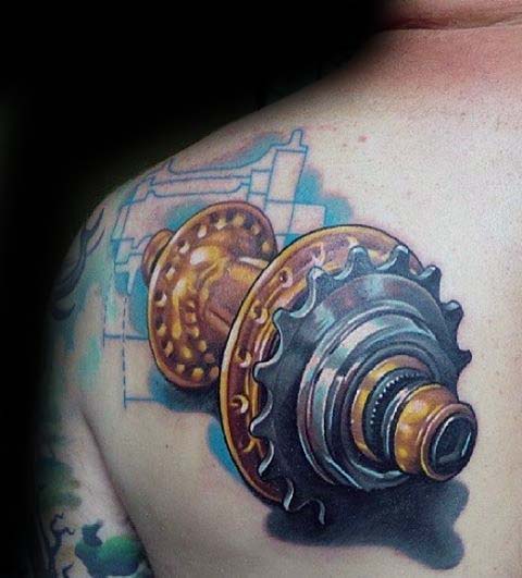 Mens 3d Sprocket Gear Bmx Upper Back Shoulder Tattoo