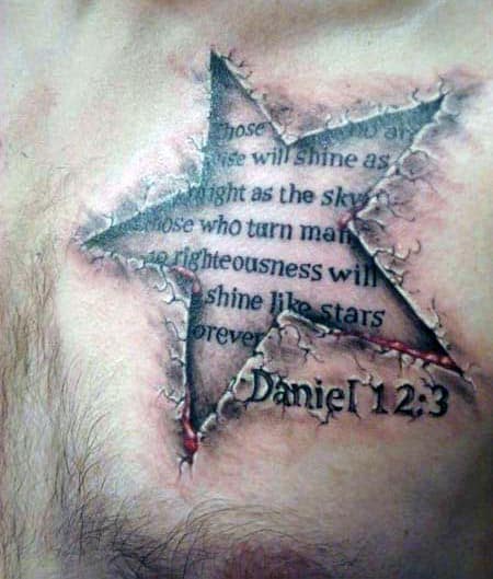 A tattoo of a 3D star with torn edges reveals text underneath, including "Daniel 12:3," on skin