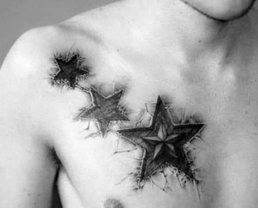 Three 3D star tattoos on chest with cracked skin detailing, each star increasing in size to create depth and a visually striking progression.