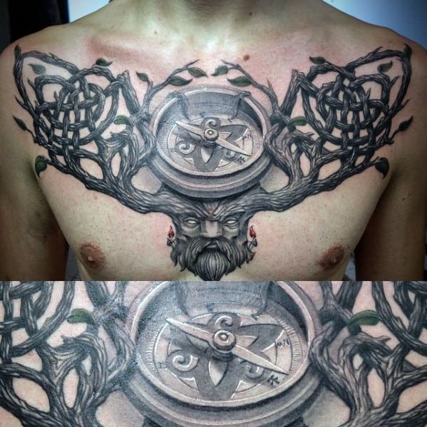Mens 3d Tree Branches Compass Chest Tattoo