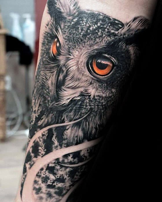 Mens 3d Ultra Realsitic Owl Negative Space Forearm Sleeve Tattoos