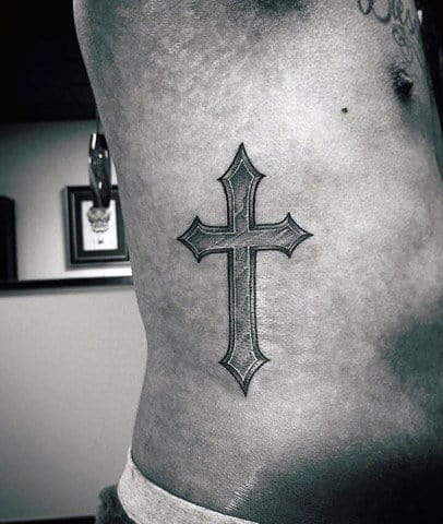 Mens 3d Vintage Cross Rib Cage Side Tattoo