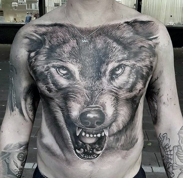 Mens 3d Wolf Head Different Realistic Chest Tattoo Ideas