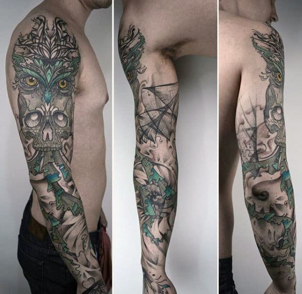 Mens Abstract Decorative Owl Skull Full Arm Sleeve Tattoos