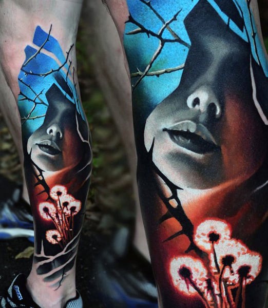 Mens Abstract Flower Tattoo On Legs