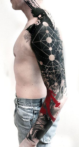 Black and grey full-sleeve tattoo with geometric patterns, abstract elements, and bold red accents on the forearm for a striking effect.