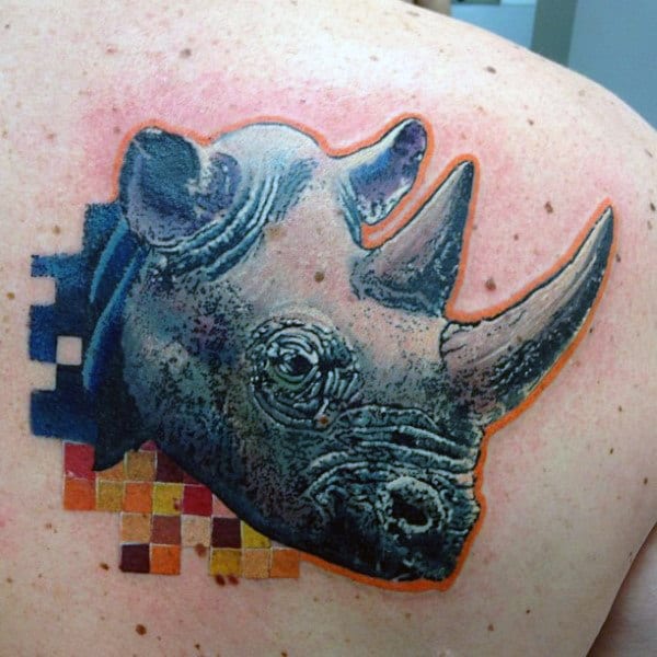 Mens Abstract Rhino Color Blocks Back Tattoo