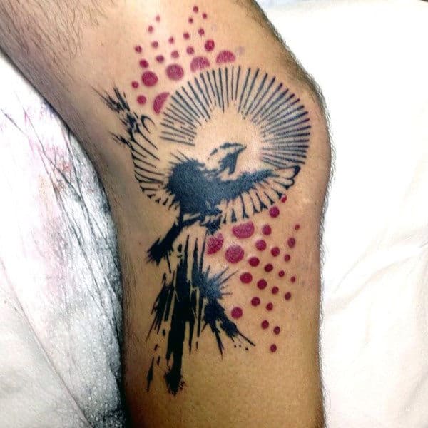 Mens Abstract Sparrow Tattoo With Red Dots Knees