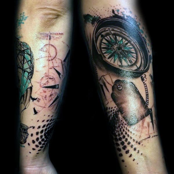 Mens Abstract Travel Compass Luggage Tag Forearm Tattoo