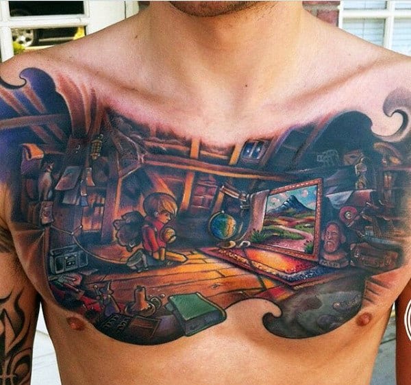 Mens Adventure Themed Painting Colorful Chest Tattoos