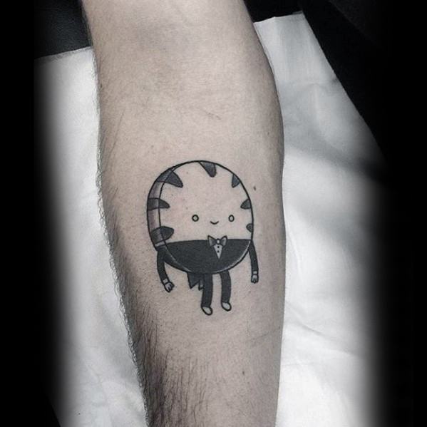 Black and grey Adventure Time tattoo of Peppermint Butler in a suit, placed on the inner calf.
