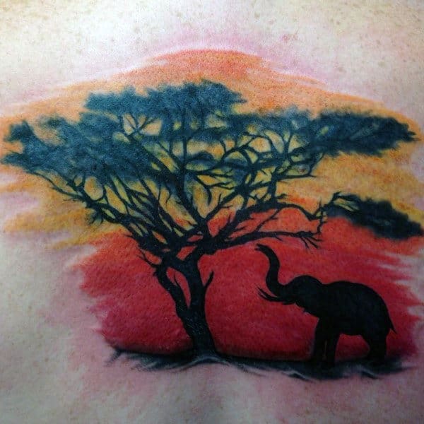Mens African Elephant And Tree Sunset Tattoo On Back