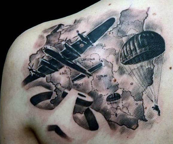Mens Air Force Parachute Shoulder Map Tattoo