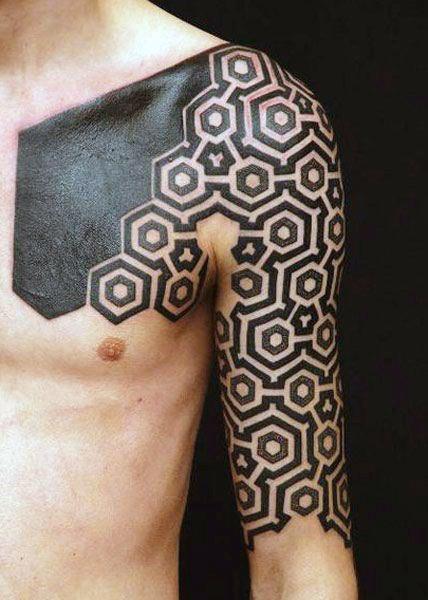 Mens All Black Negative Space Geometric Hexagon Half Sleeve Tattoo