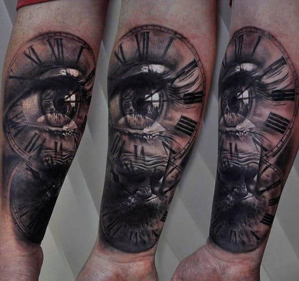 Mens All Seeing Eye With Clock Inner Forearm Tattoo