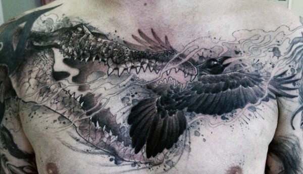 Mens Alligators In War Tattoo On Chest