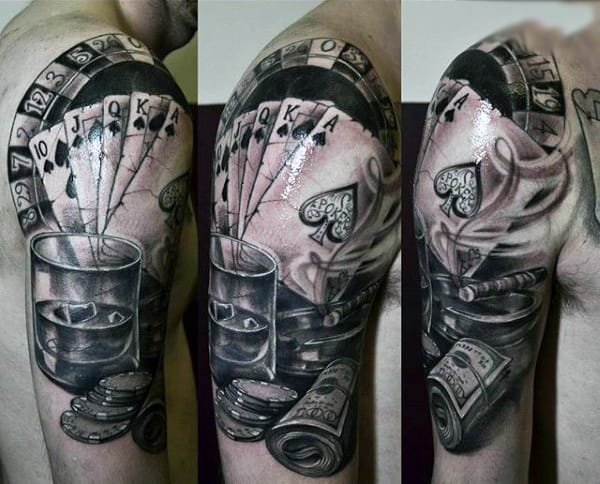 Mens Amazing Cards And Betting Money Tattoo Upper Arms