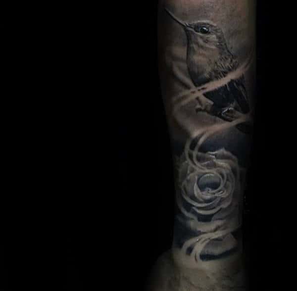Mens Amazing Forearm Sleeve Tattoo With Hummingbird And White Rose Flower