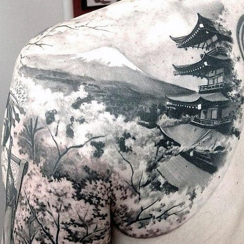Mens Amazing Japanese Temple 3d Realistic Mountain Upper Back Shoulder Tattoo