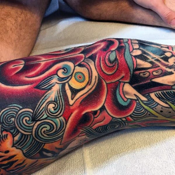 Mens Amazing Leg Sleeve Tattoo Of Japanese Demon