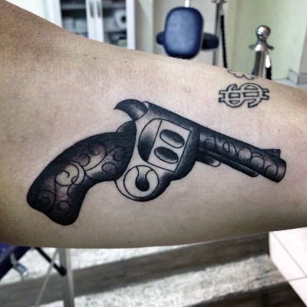Mens Amazing Pistol Tattoo On Forearms