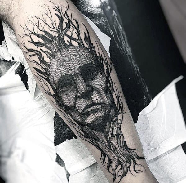 Mens Amazing Portrait Tree Leg Tattoos
