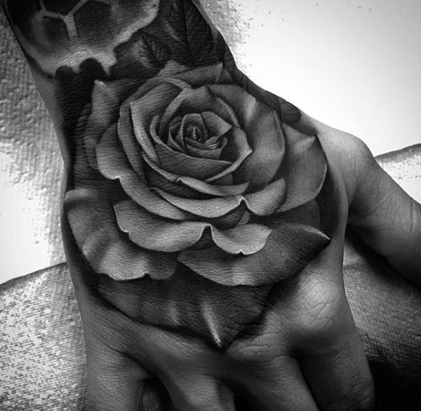 Mens Amazing Realistic Rose Flower Tattoo On Hand