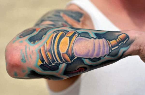 Mens Amazing Spark Plug Outer Forearm Tattoo