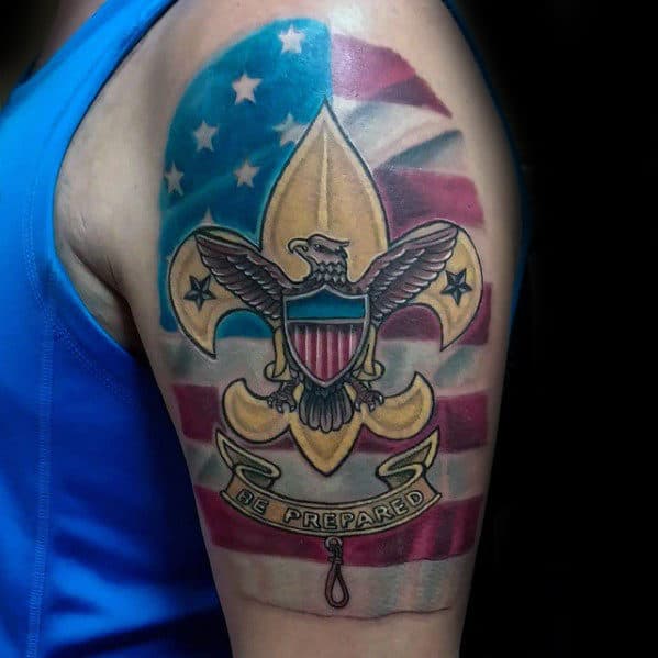 Mens American Flag Eagle Scout Arm Tattoo Designs
