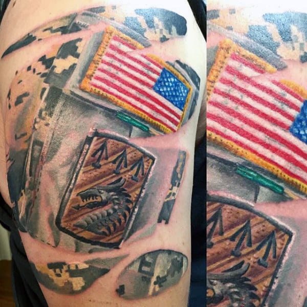 Mens American Flag Us Army Patch Upper Arm Tattoo With Digital Camo Background Pattern