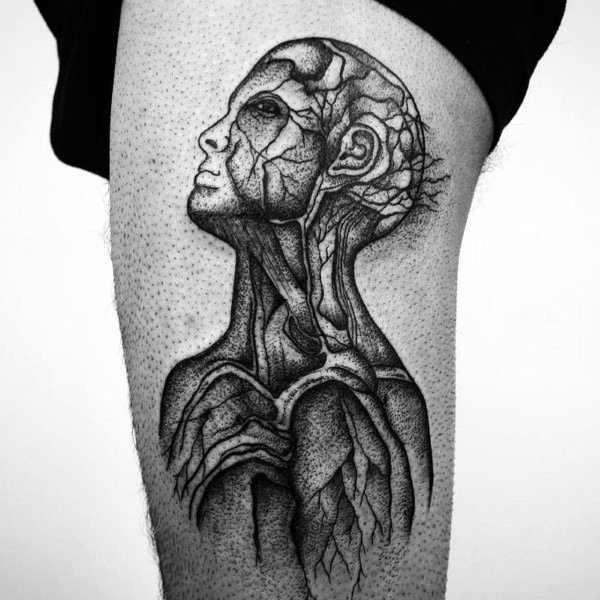Blackwork anatomical tattoo of a human figure with visible brain, muscles, and veins, gazing upward, rendered in detailed dotwork shading.