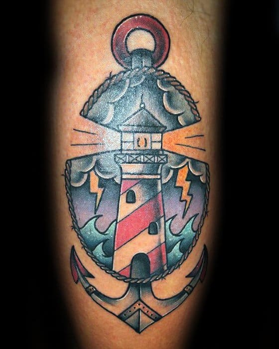 Mens Anchor Lighthose And Thunderstorm Leg Calf Tattoo Design Inspiration