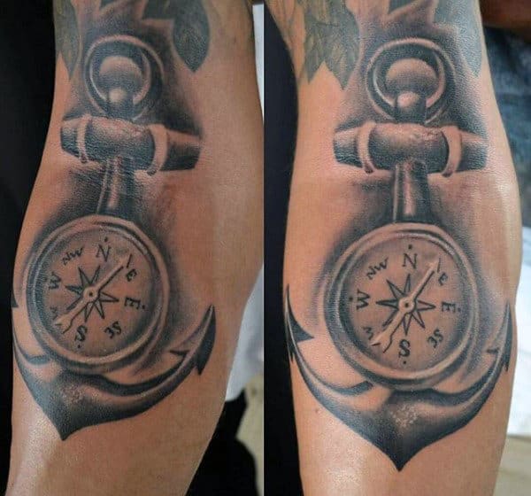 Tattoo of an anchor with a compass on the forearm