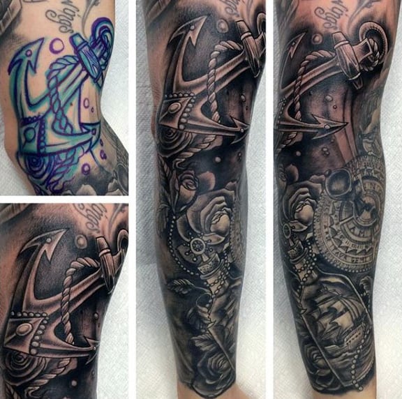 Tattoo sleeve with a nautical theme featuring an anchor, ship, and compass details