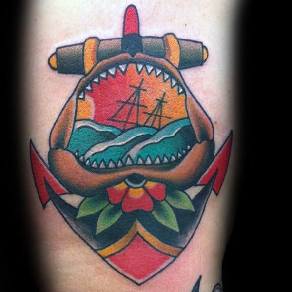 Mens Anchor With Shark Jaw Old School Arm Tattoo Design Ideas