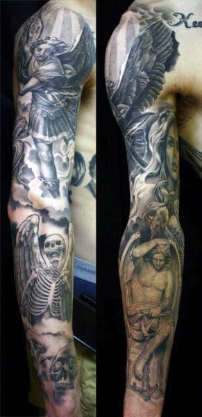 Mens Angel And Skeleton Tattoo Sleeve With Clouds